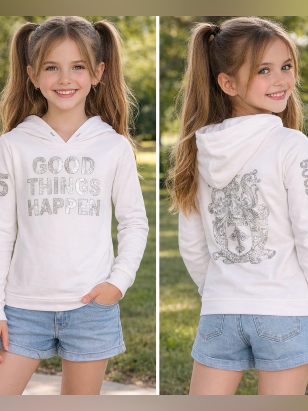 SKM “Good Things Happen” Rhinestone Metallic Print Hoodie Girls Size 10